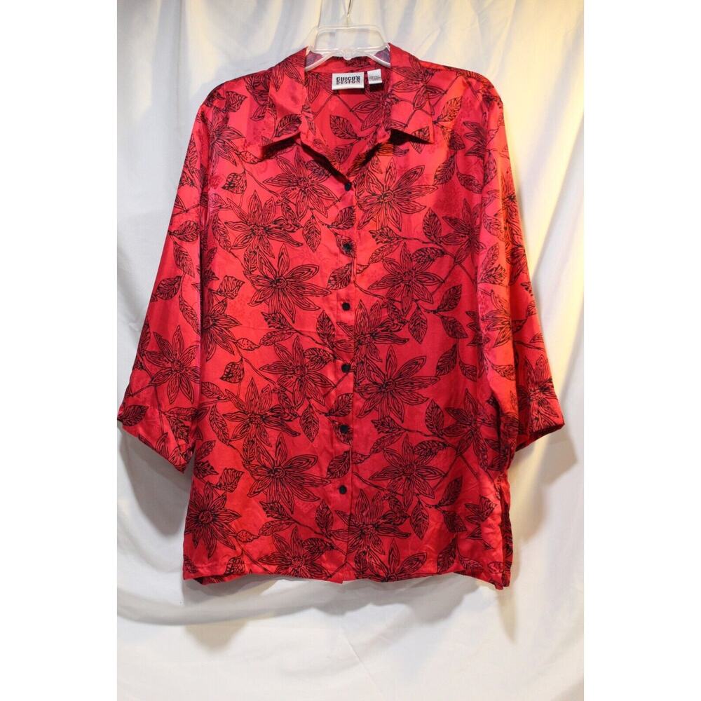 Chico's Design Women's 3 US XL 100% Silk Red Black Floral Button-up Collared Top